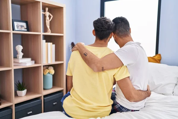 Two Man Couple Hugging Each Other Sitting Bed Bedroom —  Fotos de Stock