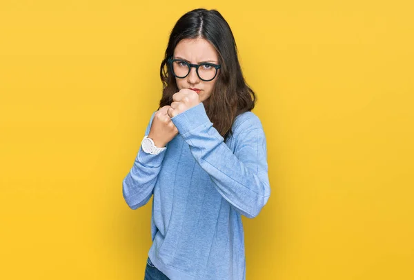 Young Beautiful Woman Wearing Casual Clothes Glasses Ready Fight Fist — Fotografia de Stock