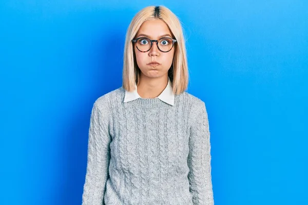 Beautiful Blonde Woman Wearing Glasses Puffing Cheeks Funny Face Mouth — Stockfoto