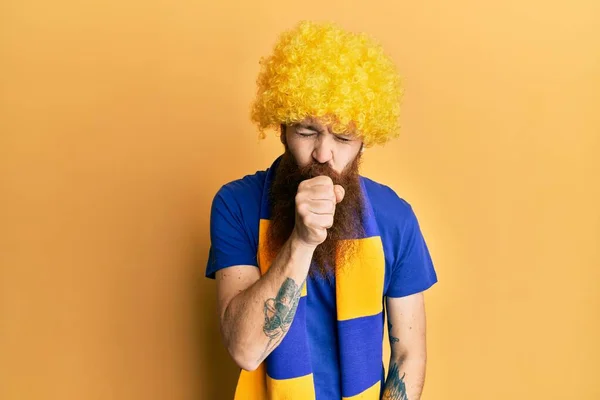 Redhead Man Long Beard Football Hooligan Cheering Game Wearing Funny — Stock Fotó