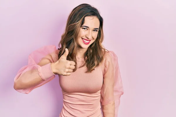 Young Hispanic Girl Wearing Casual Clothes Doing Happy Thumbs Gesture — Stock Photo, Image