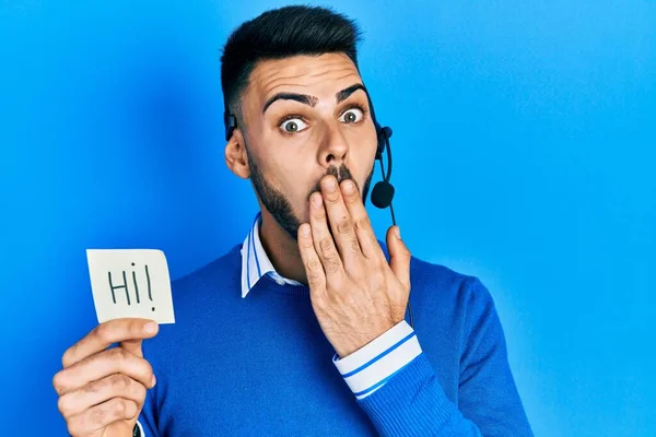 Young Hispanic Man Beard Wearing Operator Headset Showing Greeting Covering — Stock Photo, Image