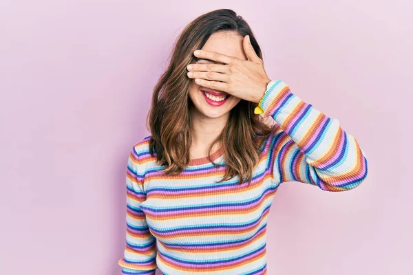 Young Hispanic Girl Wearing Casual Clothes Smiling Laughing Hand Face — Stock Photo, Image