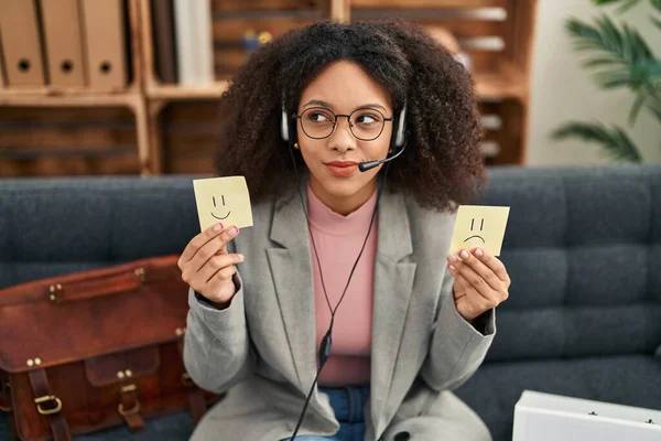 Young African American Woman Working Therapy Depression Smiling Looking Side — Photo