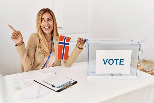 Blonde Beautiful Young Woman Political Campaign Election Holding Norway Flag — стокове фото