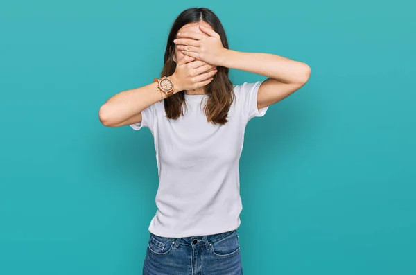 Young Beautiful Woman Wearing Casual White Shirt Covering Eyes Mouth — 스톡 사진