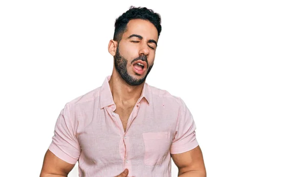 Hispanic Man Beard Wearing Casual Shirt Hand Stomach Because Nausea — Stock fotografie