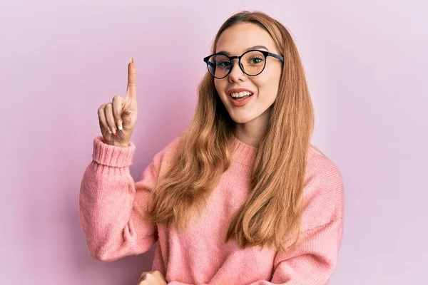 Young Blonde Woman Wearing Casual Clothes Glasses Smiling Idea Question — Stock Photo, Image