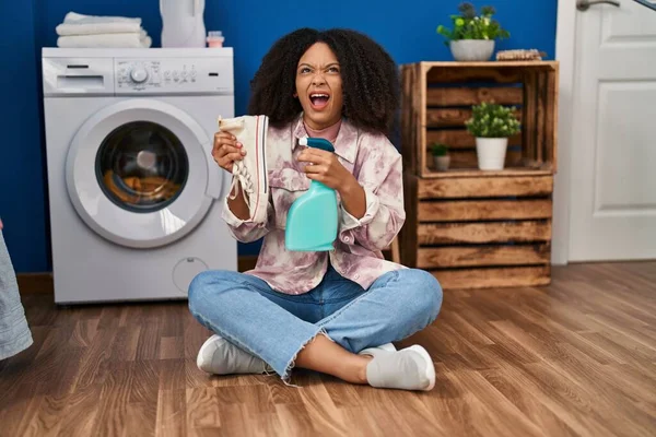 Young African American Woman Cleaning Shoes Laundry Room Angry Mad — Stock Photo, Image