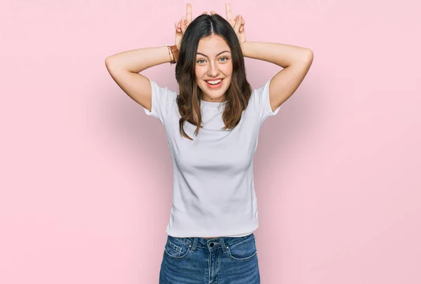 Young Beautiful Woman Wearing Casual White Shirt Posing Funny Crazy — Stok fotoğraf