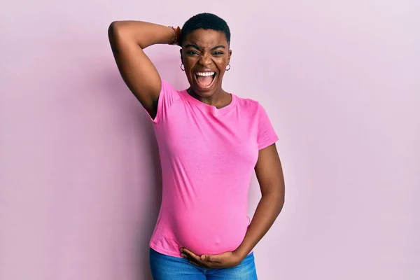 Young African American Woman Expecting Baby Touching Pregnant Belly Crazy — Fotografia de Stock