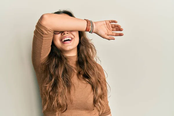 Young Hispanic Girl Wearing Casual Clothes Glasses Covering Eyes Arm — ストック写真