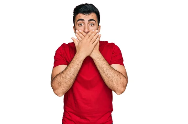 Hispanic Man Beard Wearing Casual Red Shirt Shocked Covering Mouth — Stock Photo, Image