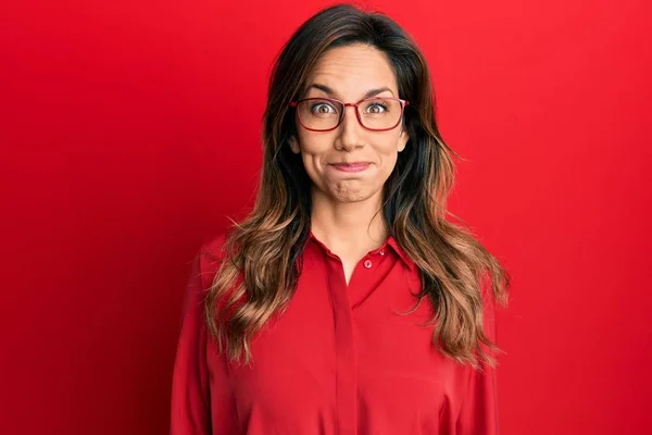 Young Latin Woman Wearing Casual Clothes Glasses Puffing Cheeks Funny — Stockfoto