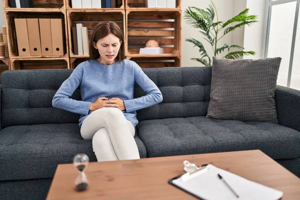 Young Brunette Woman Consultation Office Hand Stomach Because Indigestion Painful — 스톡 사진
