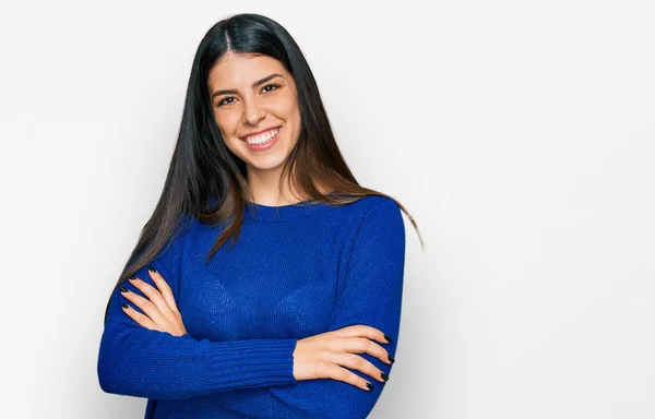 Young Hispanic Woman Wearing Casual Clothes Happy Face Smiling Crossed — Stock Photo, Image