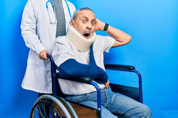 Handsome Senior Man Beard Sitting Wheelchair Neck Collar Crazy Scared — Stock Photo, Image