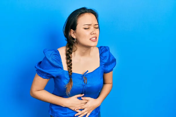 Young Hispanic Girl Wearing Casual Clothes Hand Stomach Because Nausea — Stock Photo, Image