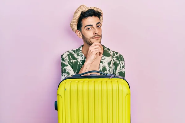 Young Hispanic Man Wearing Summer Style Holding Cabin Bag Smiling — Stock Photo, Image