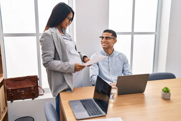 Young Latin Couple Business Workers Working Office — Stockfoto