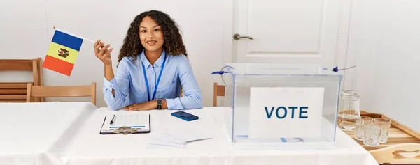 Young Latin Woman Smiling Confident Holding Moldova Flag Working Electoral — Stock Photo, Image