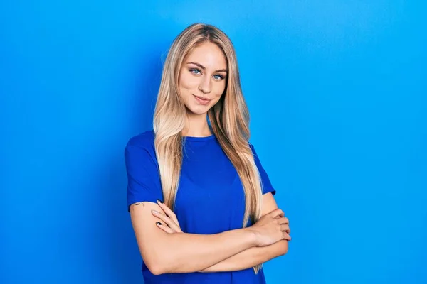 Young Beautiful Caucasian Woman Wearing Casual Blue Shirt Happy Face — Fotografia de Stock