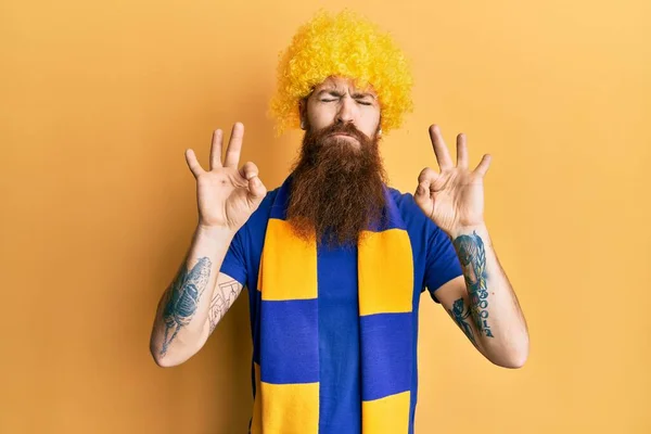 Redhead Man Long Beard Football Hooligan Cheering Game Wearing Funny — Fotografia de Stock