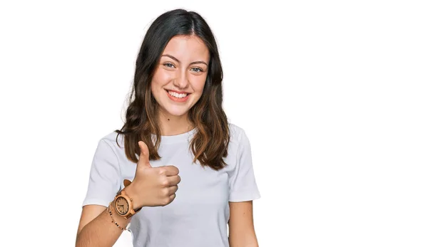 Young Beautiful Woman Wearing Casual White Shirt Doing Happy Thumbs — стоковое фото