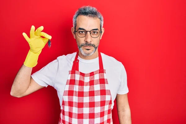 Handsome Middle Age Man Grey Hair Wearing Apron Holding Cockroach — Stock fotografie