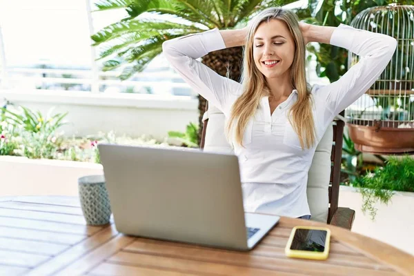 Young Blonde Woman Relaxed Hands Head Using Laptop Terrace — Stock Photo, Image