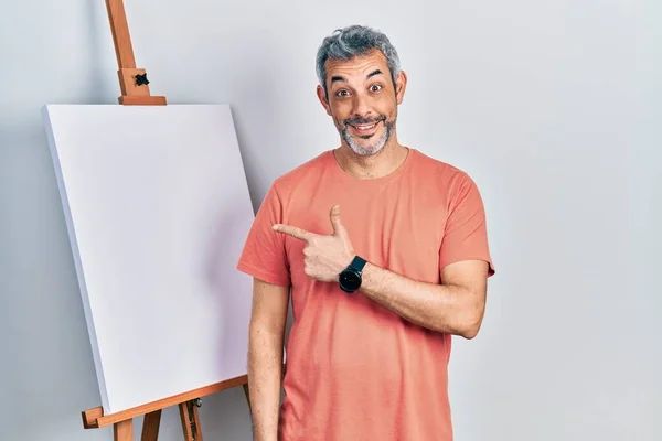 Handsome Middle Age Man Grey Hair Standing Painter Easel Stand — Foto de Stock