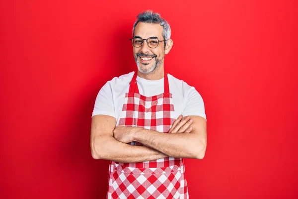 Handsome Middle Age Man Grey Hair Wearing Apron Happy Face — Stock fotografie