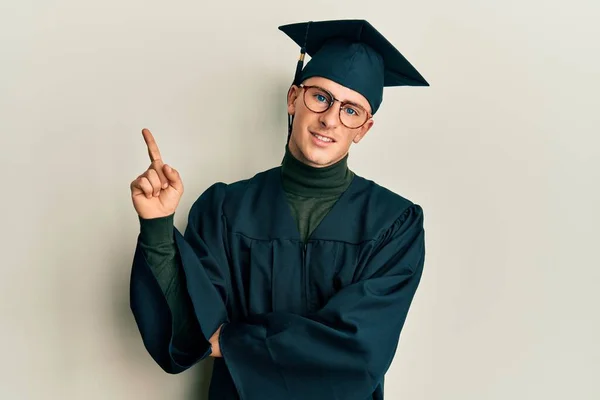 Young Caucasian Man Wearing Graduation Cap Ceremony Robe Big Smile — Stok fotoğraf