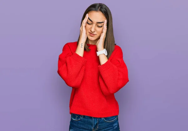 Beautiful Brunette Woman Wearing Casual Winter Sweater Hand Head Headache — Stok fotoğraf