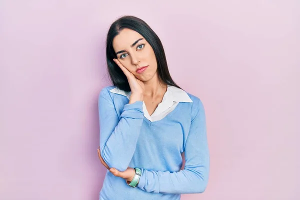 Beautiful Woman Blue Eyes Standing Pink Background Thinking Looking Tired — стоковое фото