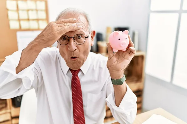 Senior Business Man Holding Piggy Bank Stressed Frustrated Hand Head — Stock Photo, Image