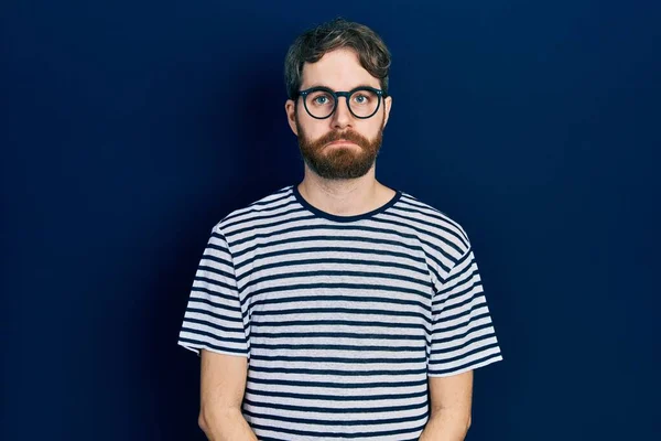 Caucasian Man Beard Wearing Striped Shirt Glasses Depressed Worry Distress — Stockfoto