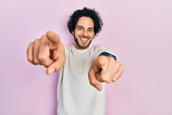 Handsome Hispanic Man Wearing Casual White Sweater Pointing You Camera —  Fotos de Stock