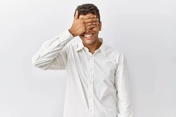 Young Handsome Hispanic Man Standing Isolated Background Smiling Laughing Hand — Fotografia de Stock