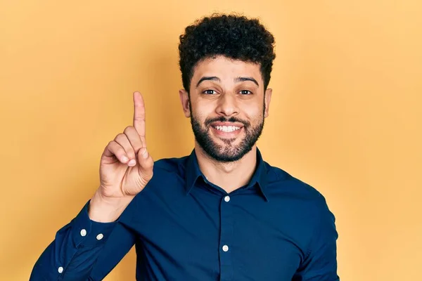 Young Arab Man Beard Wearing Casual Shirt Showing Pointing Finger — Stock Photo, Image