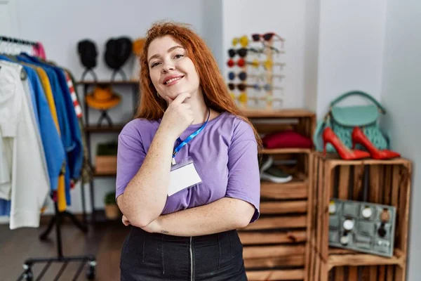 Young Redhead Woman Working Manager Retail Boutique Looking Confident Camera — Stock Fotó