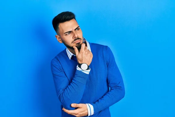 Young Hispanic Man Beard Wearing Casual Blue Sweater Thinking Worried — Fotografia de Stock