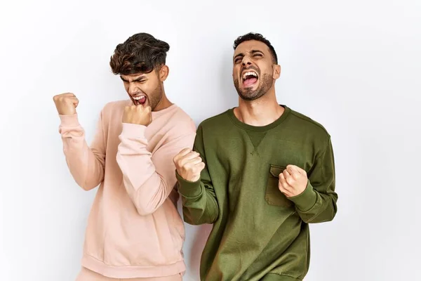 Young Gay Couple Standing Isolated White Background Very Happy Excited — Fotografia de Stock