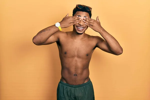 Young African American Man Wearing Swimwear Swimmer Glasses Covering Eyes —  Fotos de Stock