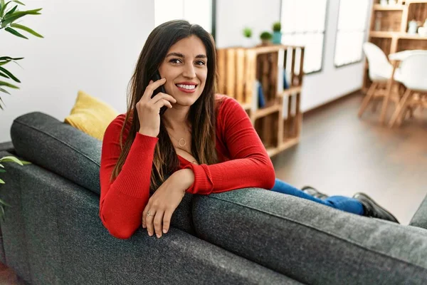 Young Woman Smiling Confident Talking Smartphone Home — Stockfoto