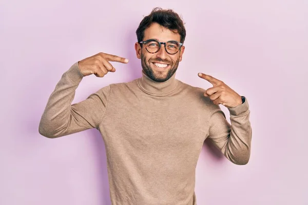 Handsome Man Beard Wearing Turtleneck Sweater Glasses Smiling Cheerful Showing — Foto Stock
