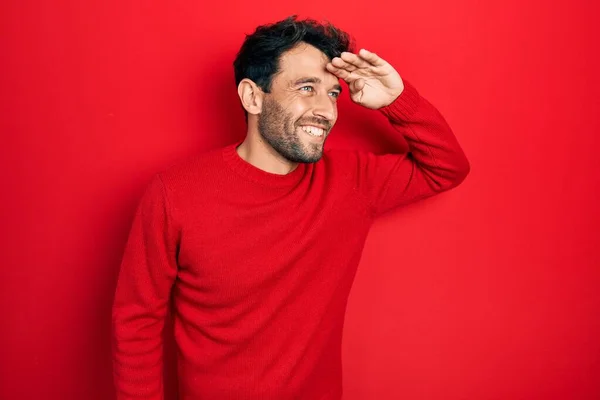 Handsome Man Beard Wearing Casual Red Sweater Very Happy Smiling — Photo