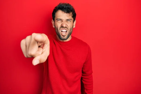 Handsome Man Beard Wearing Casual Red Sweater Pointing Displeased Frustrated — Fotografia de Stock