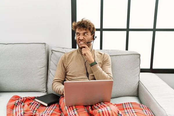 Young Handsome Man Beard Wearing Operator Headset Working Home Thinking — Photo