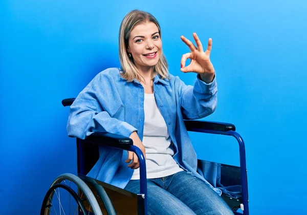 Beautiful Caucasian Woman Sitting Wheelchair Smiling Positive Doing Sign Hand — стоковое фото